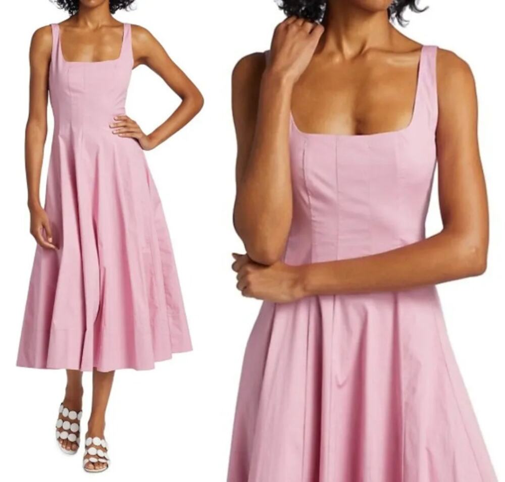 STAUD Wells Rosebud Pink Fit & Flare Corset-Style Bodice Midi Tank Dress US 6